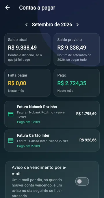Tela de contas a pagar de setembro: saldo atual de R$ 9.338,49, falta pagar R$ 0,00, faturas do Nubank e do Inter já pagas, e a opção de aviso de vencimento por e-mail.