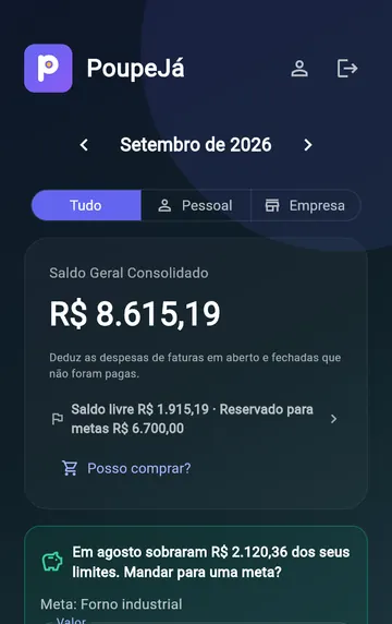 Painel do PoupeJá no celular: saldo geral consolidado de R$ 8.615,19, já descontando as faturas dos cartões, com filtros Tudo, Pessoal e Empresa.